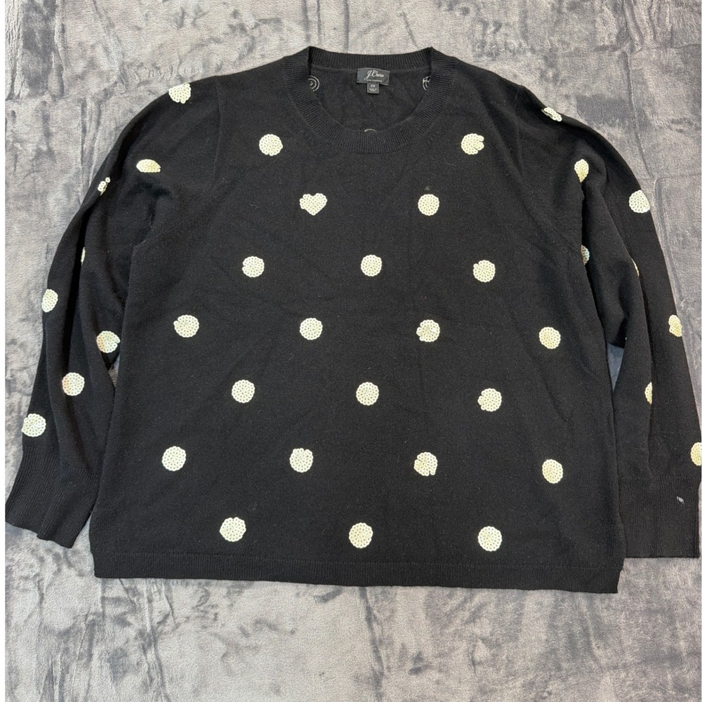 J.Crew Sweater Womens Black Cashmere Sequin Polka Dot Heart 2X